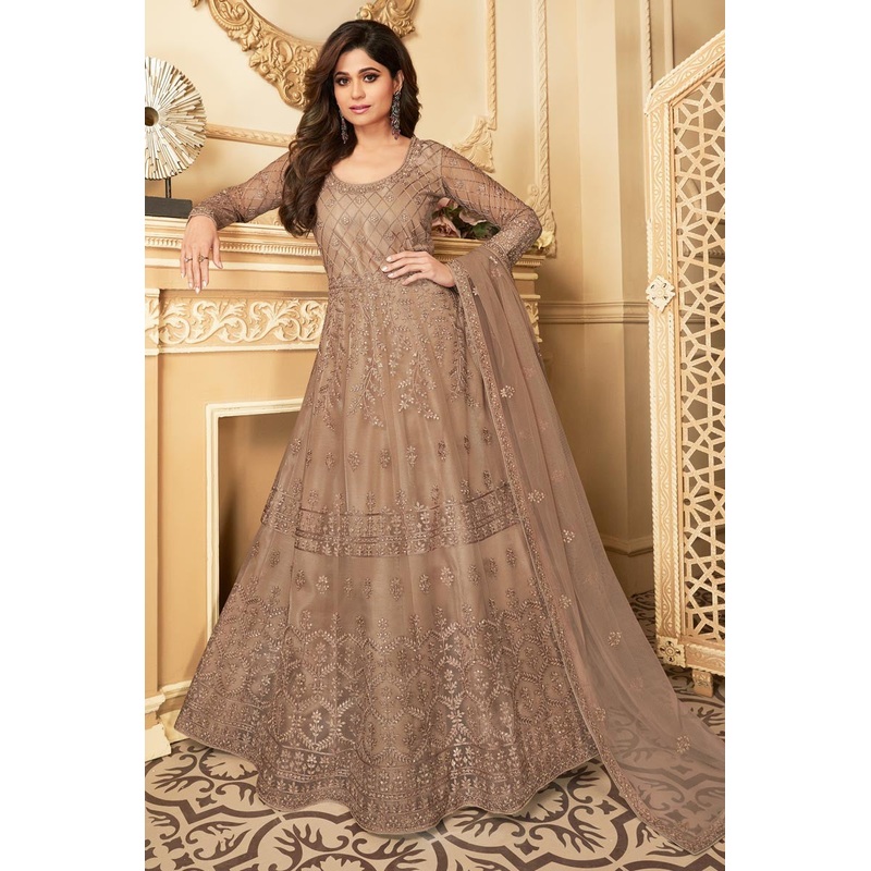 Shamita Shetty Brown Color Net Embroidered Anarkali Suit