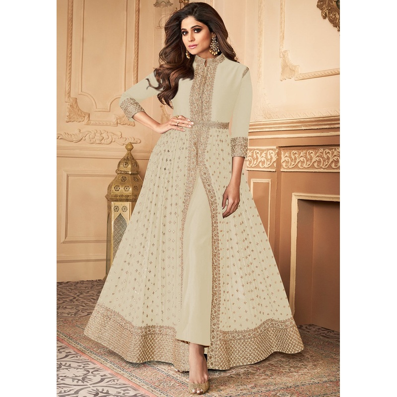 Shamita Shetty Off White Front Slit Georgette Anarkali Suit