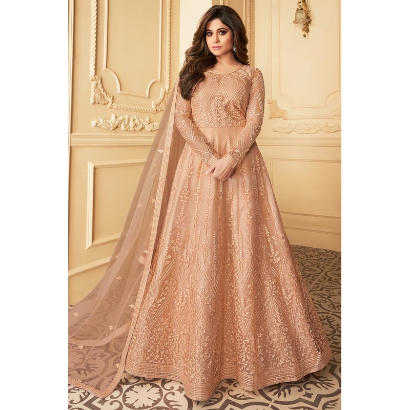 Shamita Shetty Peach Color Net Embroidered Anarkali Suit