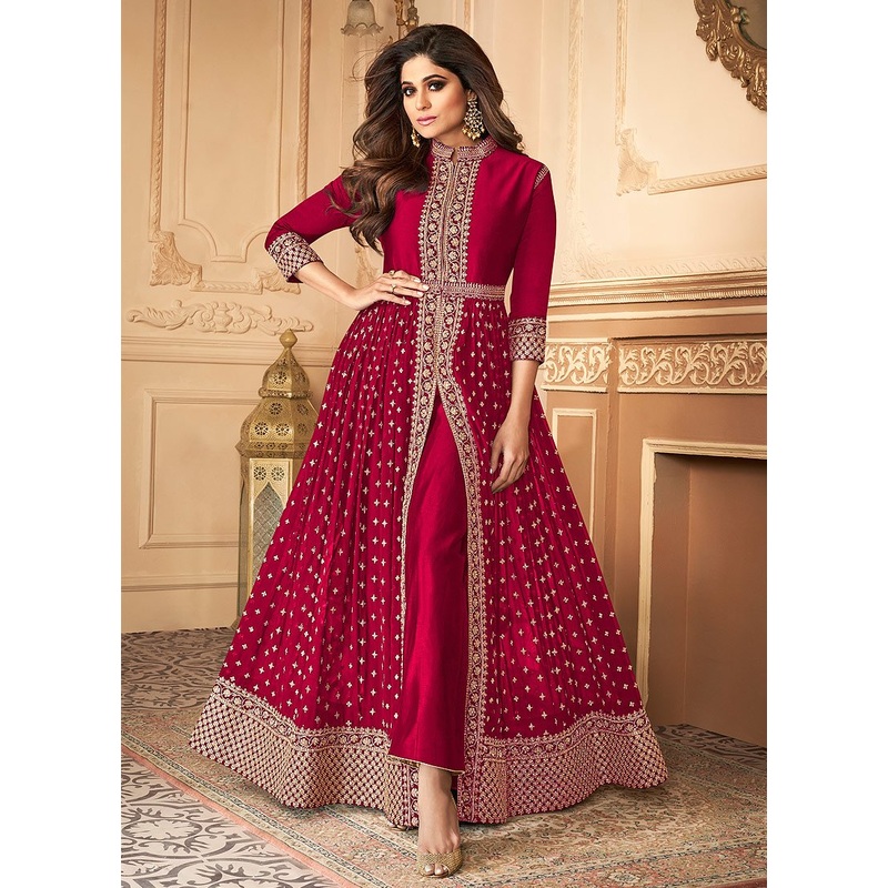 Shamita Shetty Pinkish Red Front Slit Georgette Anarkali Suit