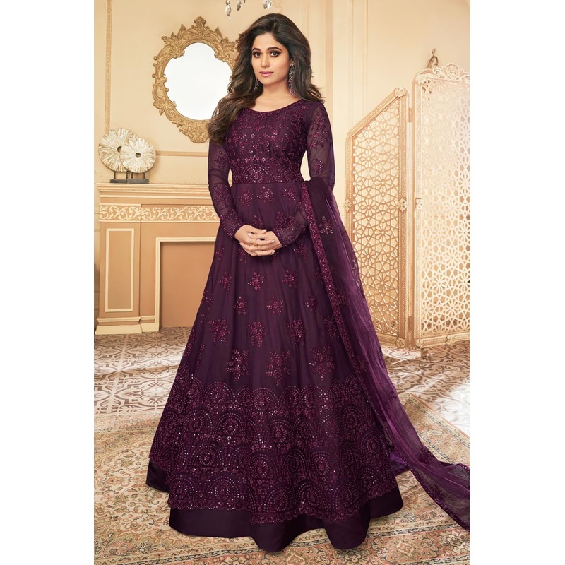 Shamita Shetty Purple Color Net Embroidered Anarkali Suit