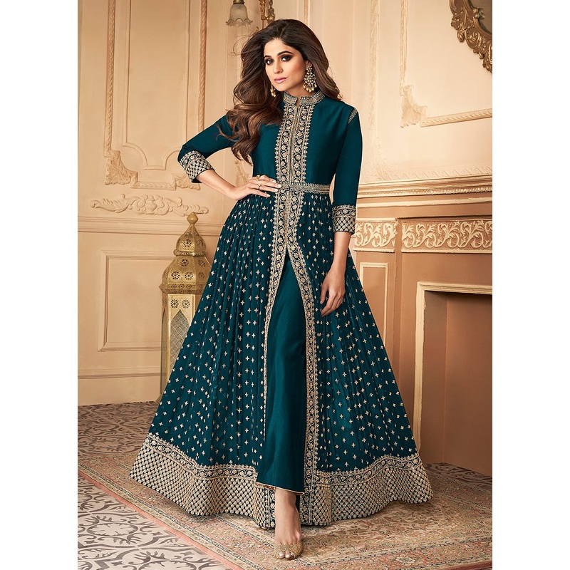 Shamita Shetty Teal Blue Front Slit Georgette Anarkali Suit