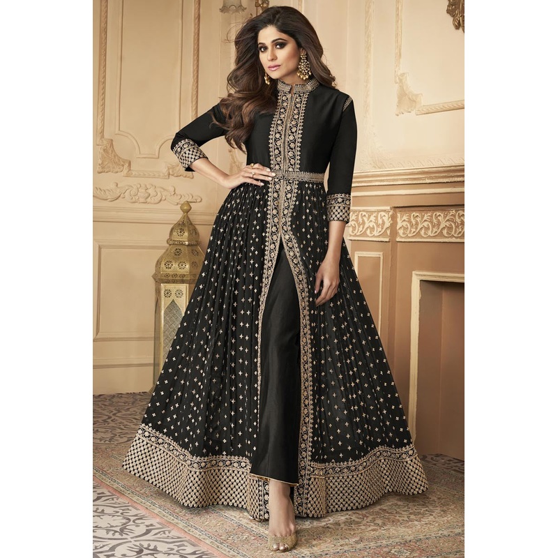 Shamita Shetty Trendy Party Wear Anarkali Suit in Black