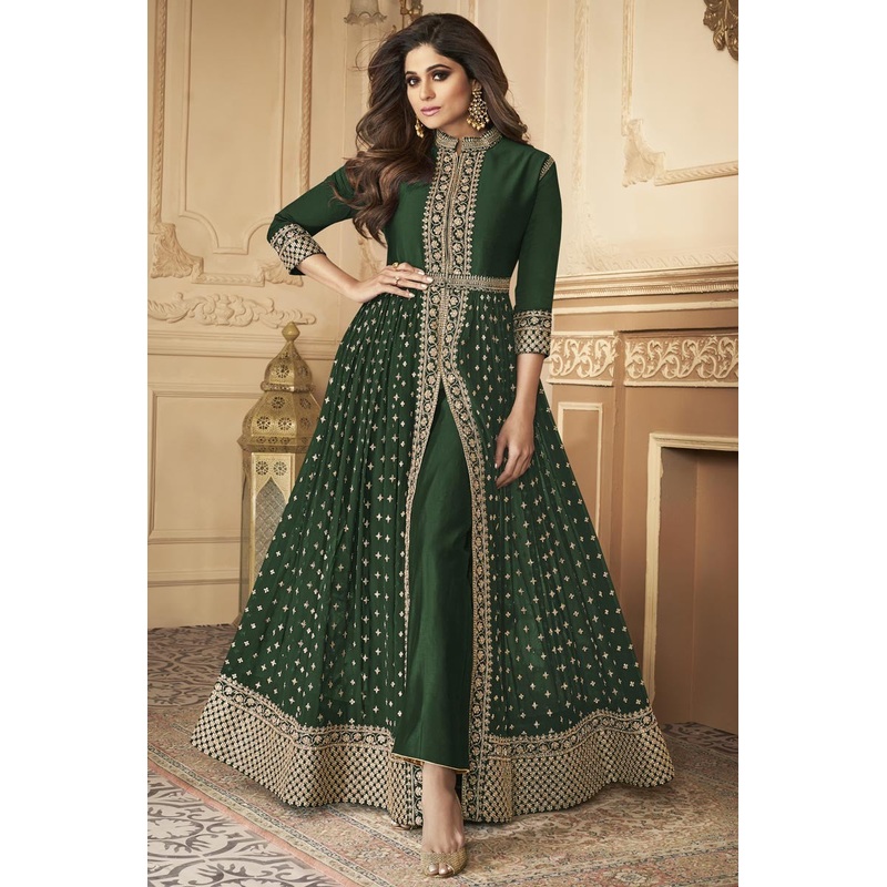 Shamita Shetty Trendy Party Wear Anarkali Suit in Green