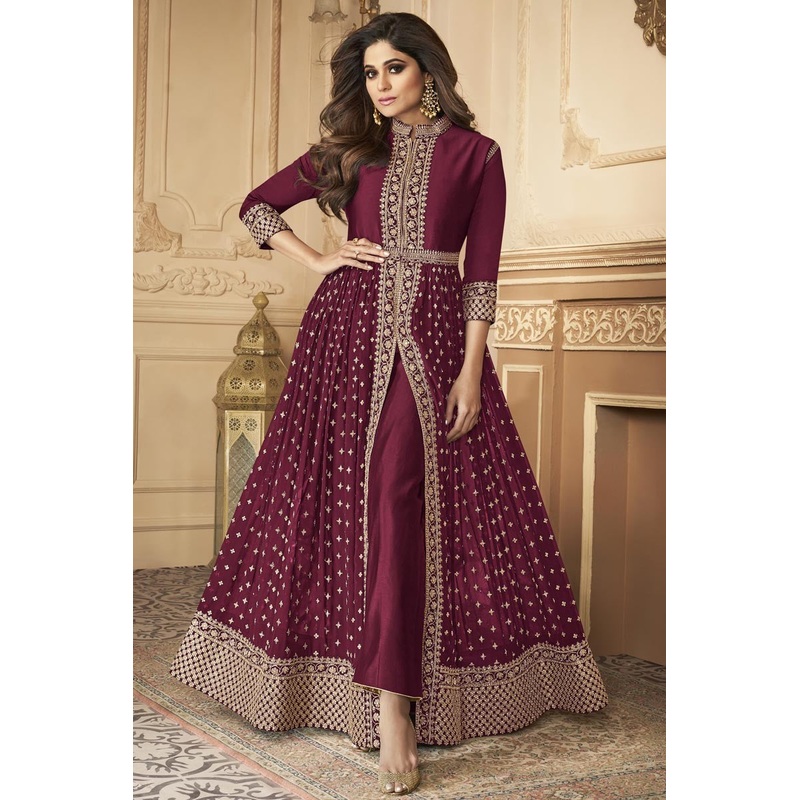 Shamita Shetty Trendy Party Wear Anarkali Suit in Magenta