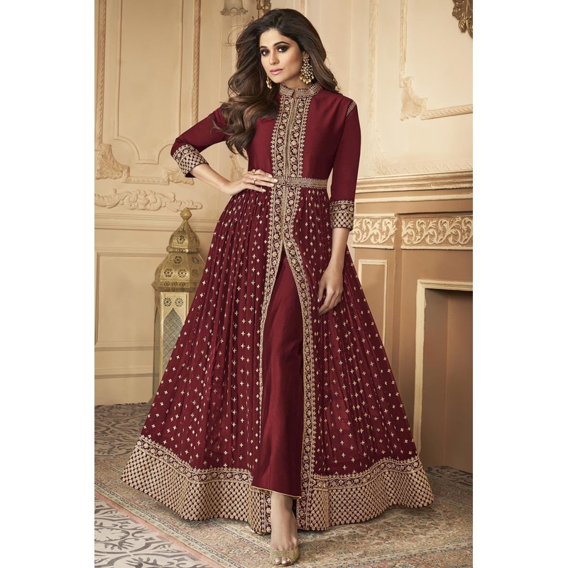Shamita Shetty Trendy Party Wear Anarkali Suit in Maroon