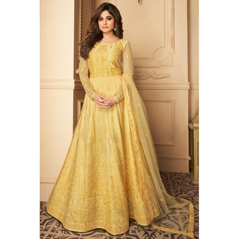 Shamita Shetty Yellow Color Net Embroidered Anarkali Suit