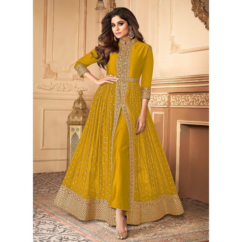 Shamita Shetty Yellow Front Slit Georgette Anarkali Suit