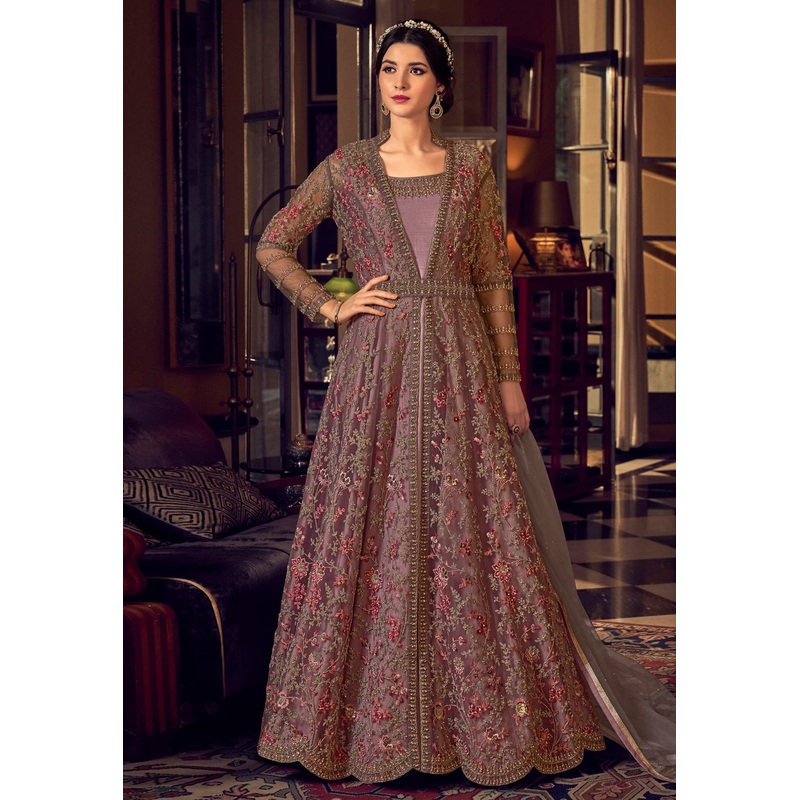 Sizzling Mauve Net Embroidered Designer Jacket Anarkali Suit