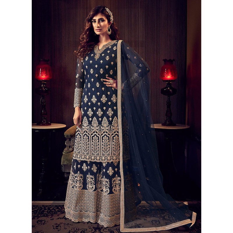 Soothing Blue Embroidered Party Wear Sharara Suit