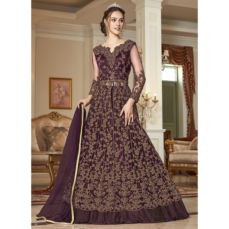 Soothing Maroon Embroidered Net Lehenga Style Anarkali Suit