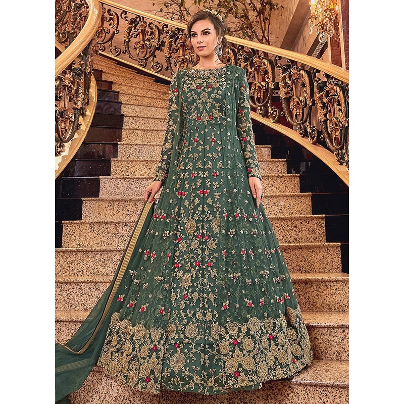 Spectacular Green Designer Net Jacket Anarkali Suit