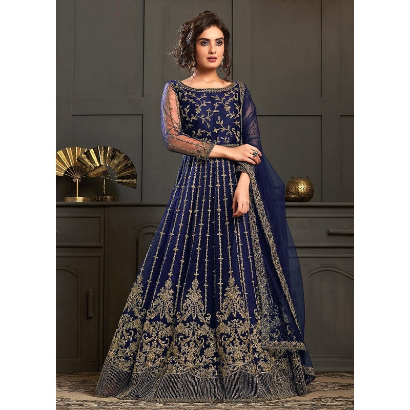 Splendid Blue Embroidered Net Designer Anarkali Gown