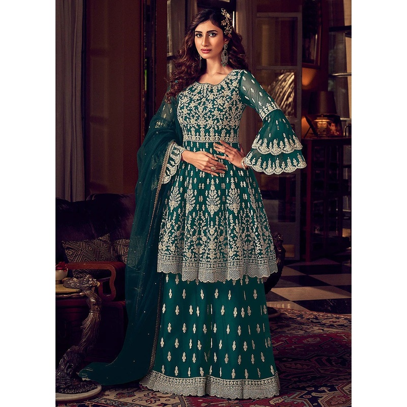 Splendid Green Embroidered Party Wear Sharara Suit