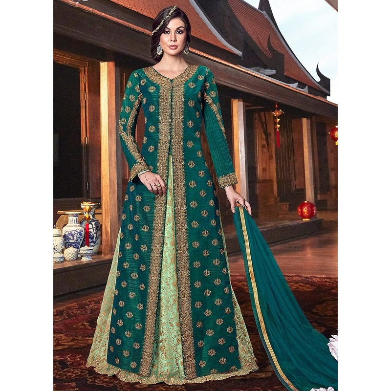 Splendid Green Front Slit Embroidered Anarkali