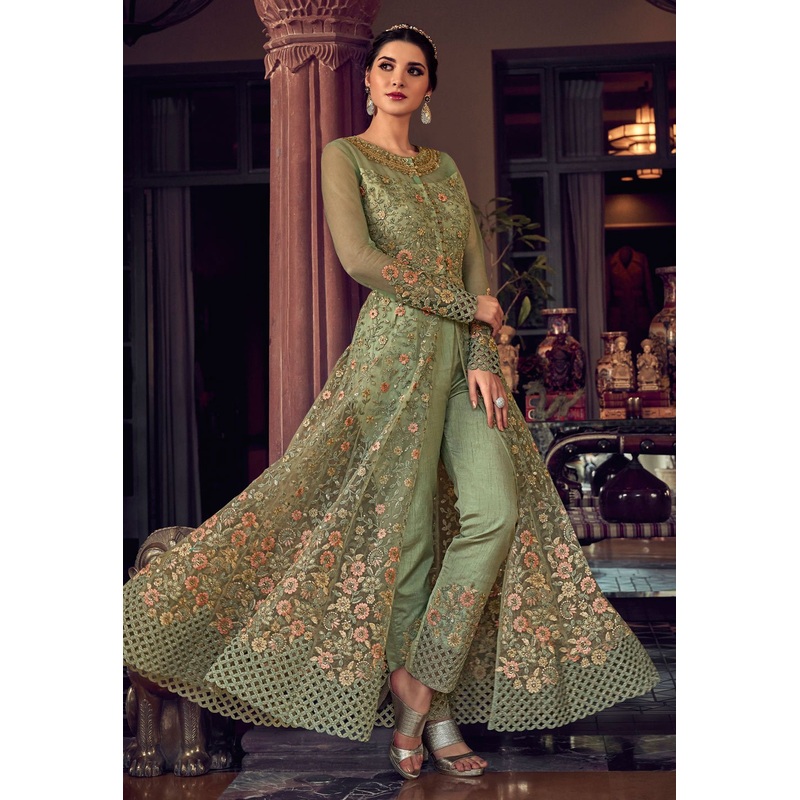 Splendid Green Net Front Slit Lehenga Style Anarkali Suit
