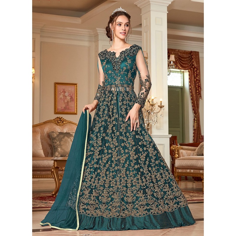 Splendid Teal Embroidered Net Lehenga Style Anarkali Suit