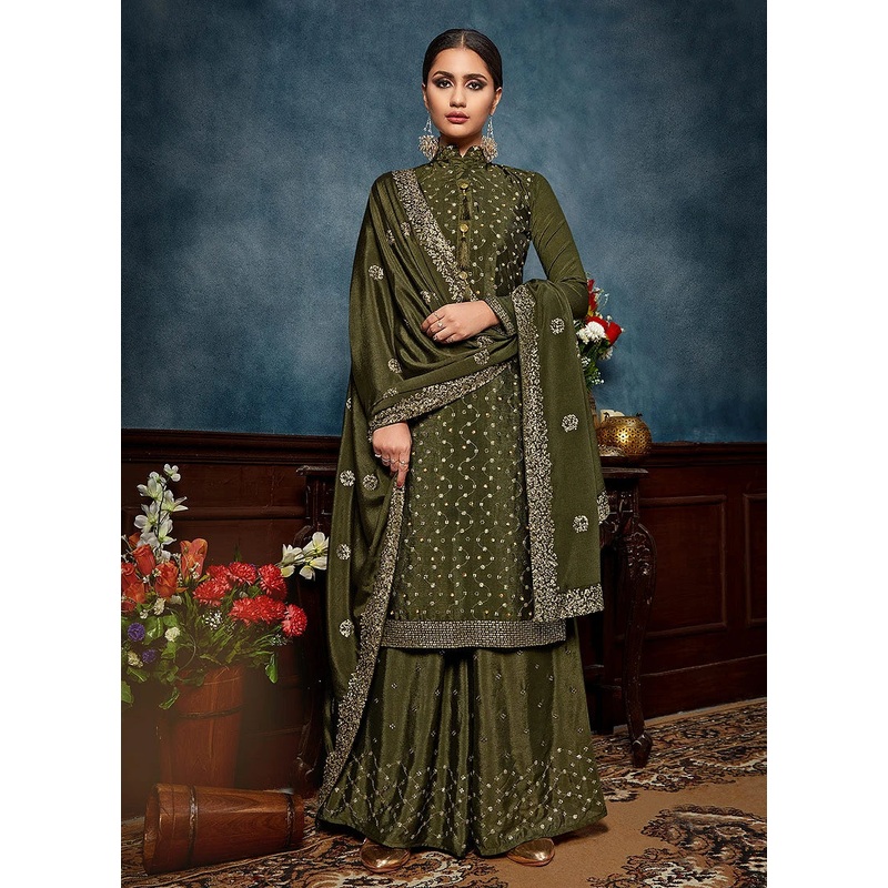 Staggering Green Chinon Trendy Palazzo Salwar Suit