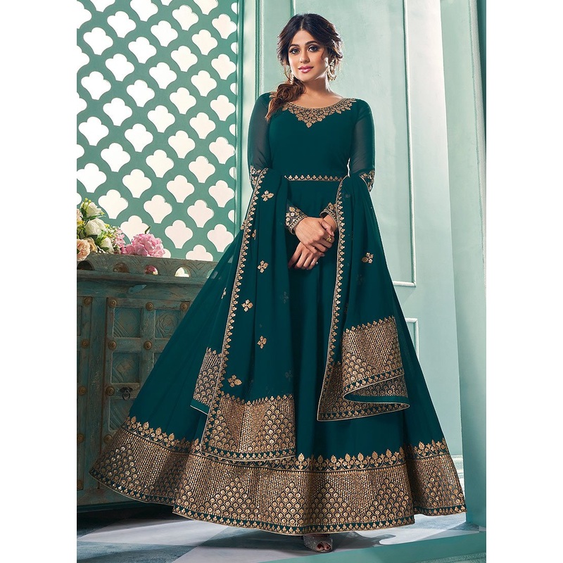 Staggering Green Shamita Shetty Georgette Abaya Style Anarkali Suit