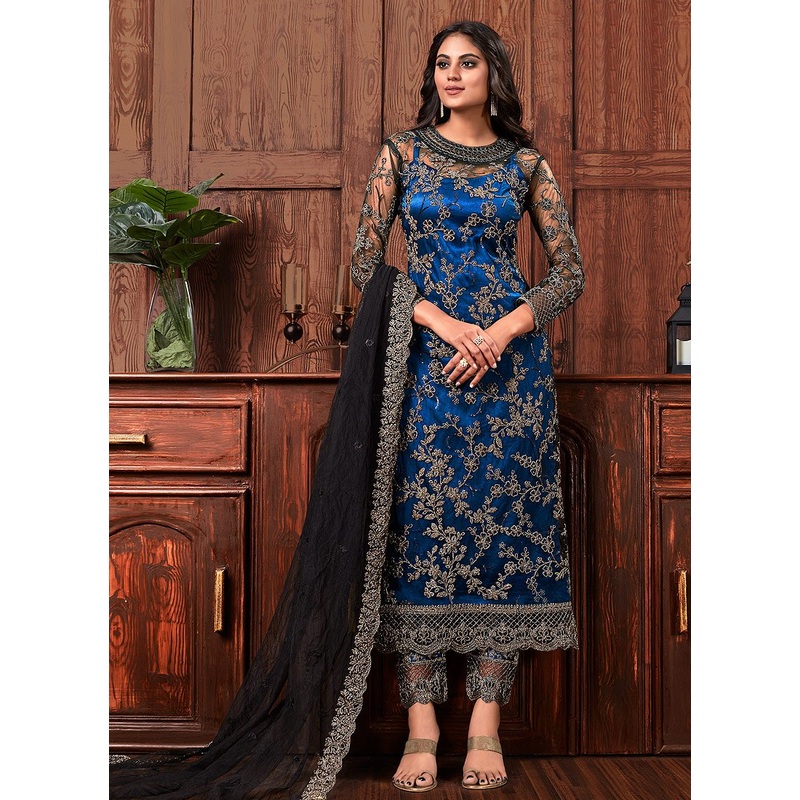 Stunning Blue Embroidered Straight Pant Salwar Suit