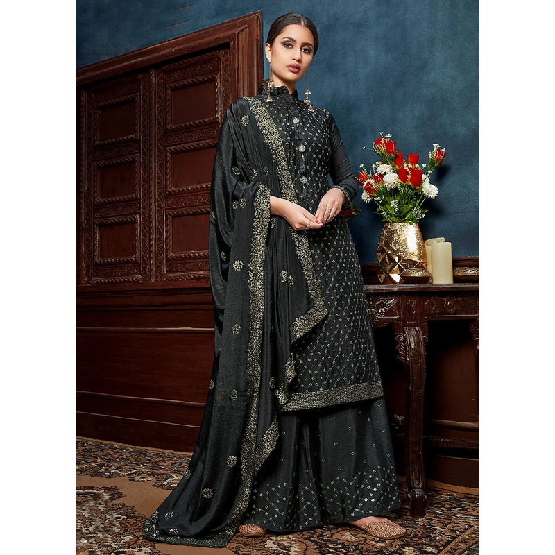 Stunning Grey Chinon Trendy Palazzo Salwar Suit
