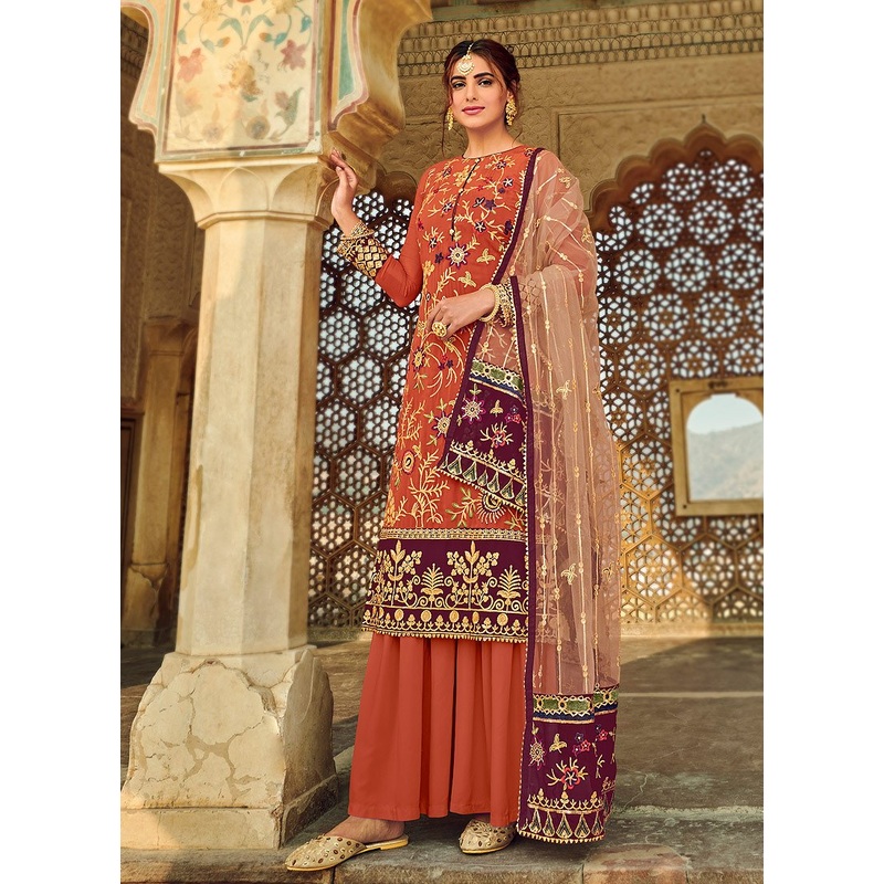 Stunning Orange Embroidered Georgette Palazzo Suit