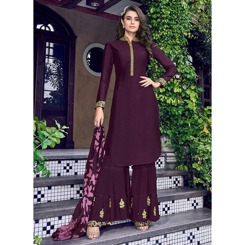 Stunning Purple Fancy Silk Designer Palazzo Suit