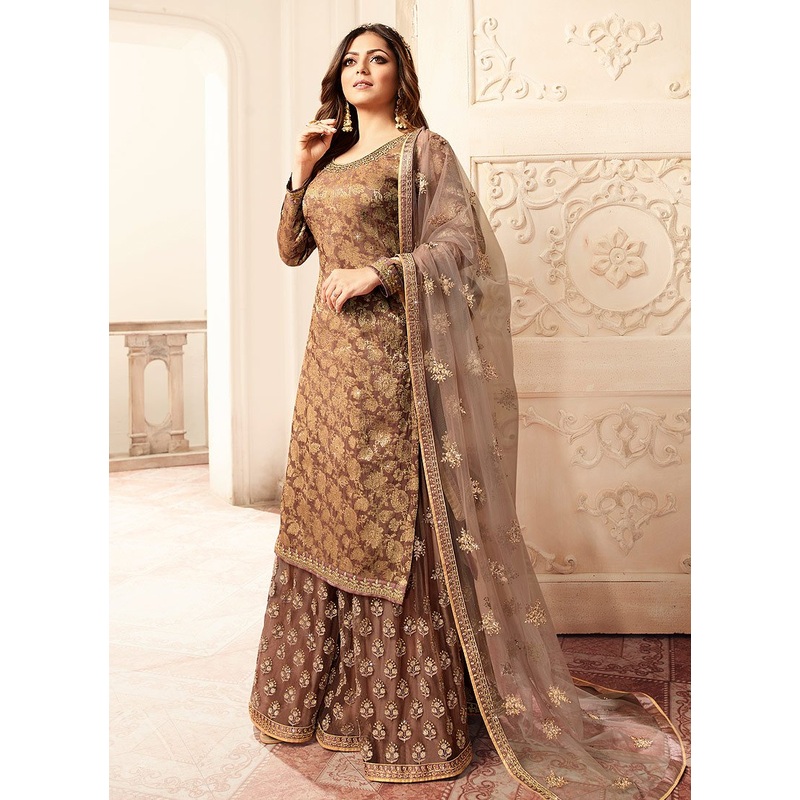 Subtle Brown Embroidered Designer Jacquard Sharara Suit