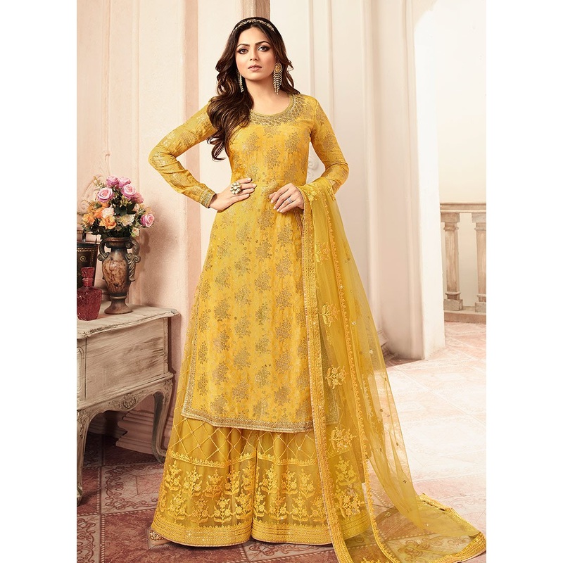 Sunshine Yellow Embroidered Designer Jacquard Sharara Suit