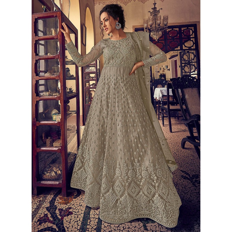 Superb Beige Georgette Chikankari Designer Anarkali