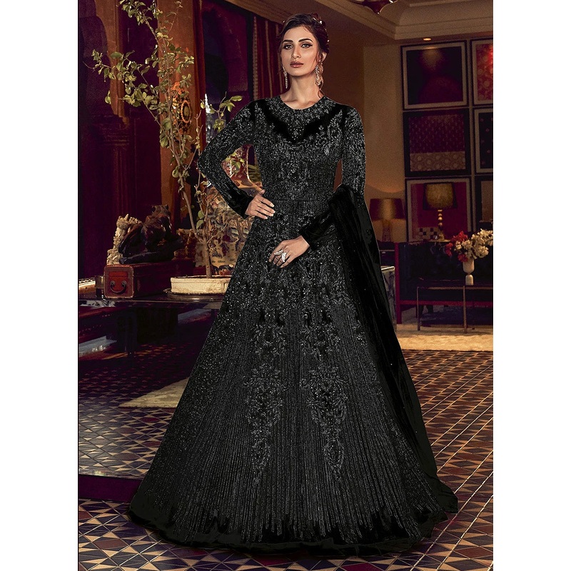 Superb Black Heavy Embroidered Net Anarkali Suit