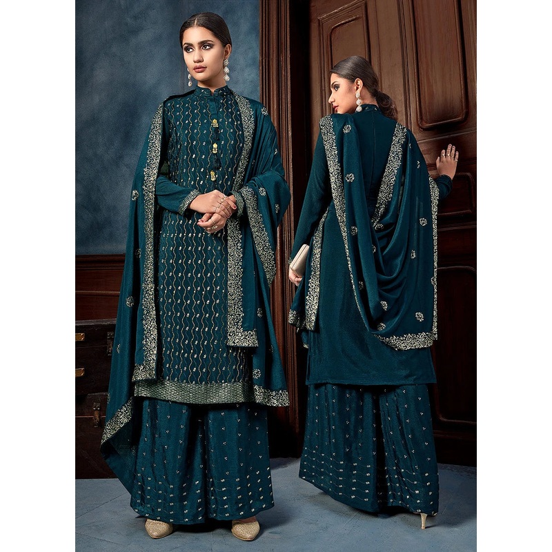 Teal Blue Chinon Trendy Palazzo Salwar Suit