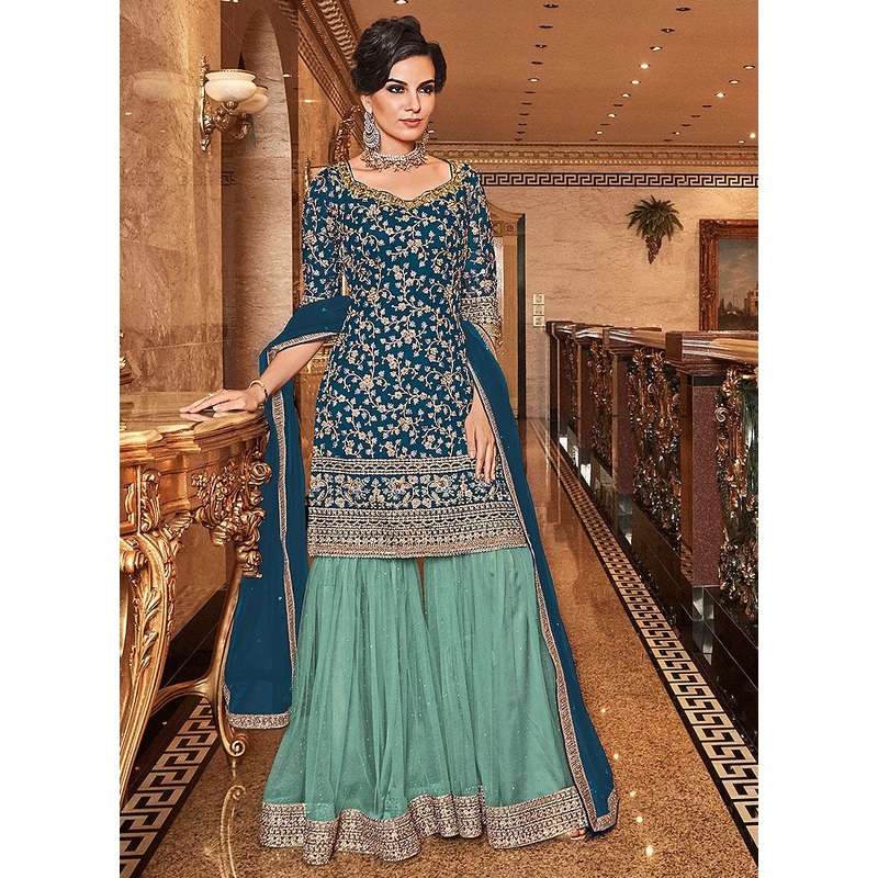 Teal Blue Floral Embroidered Straight Cut Sharara Suit