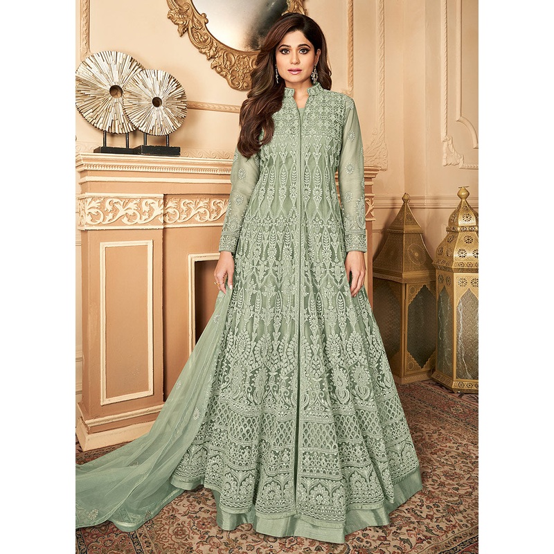 Tempting Pastel Green Shamita Shetty Designer Anarkali
