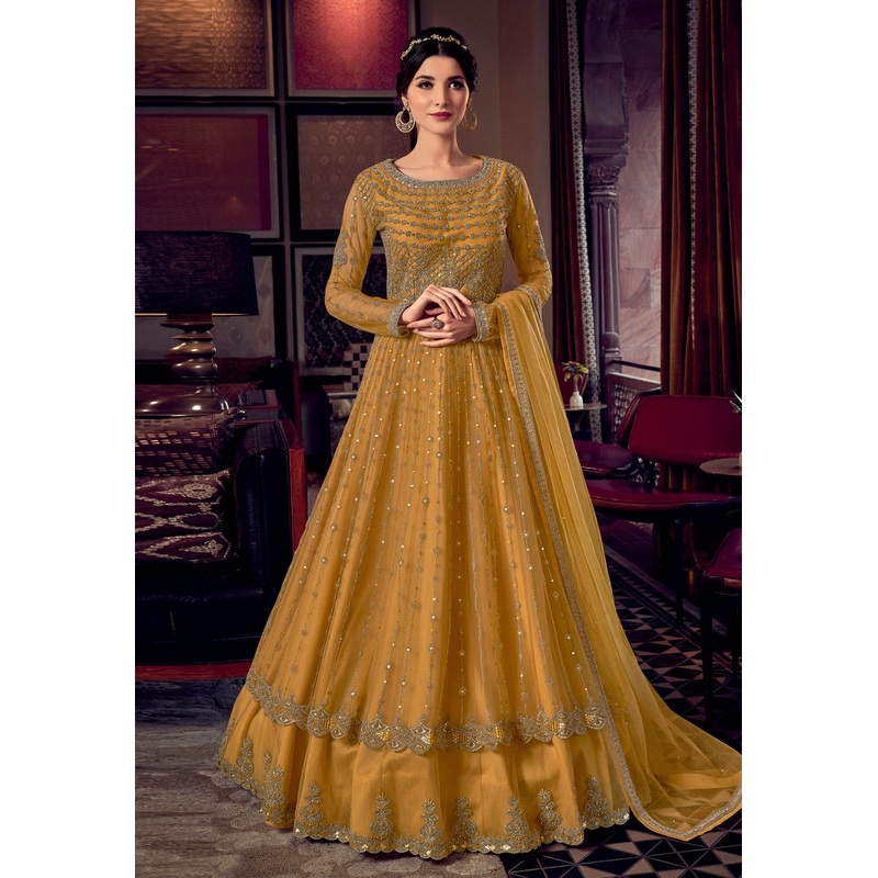 Tempting Yellow Net Embroidered Designer Anarkali Suit