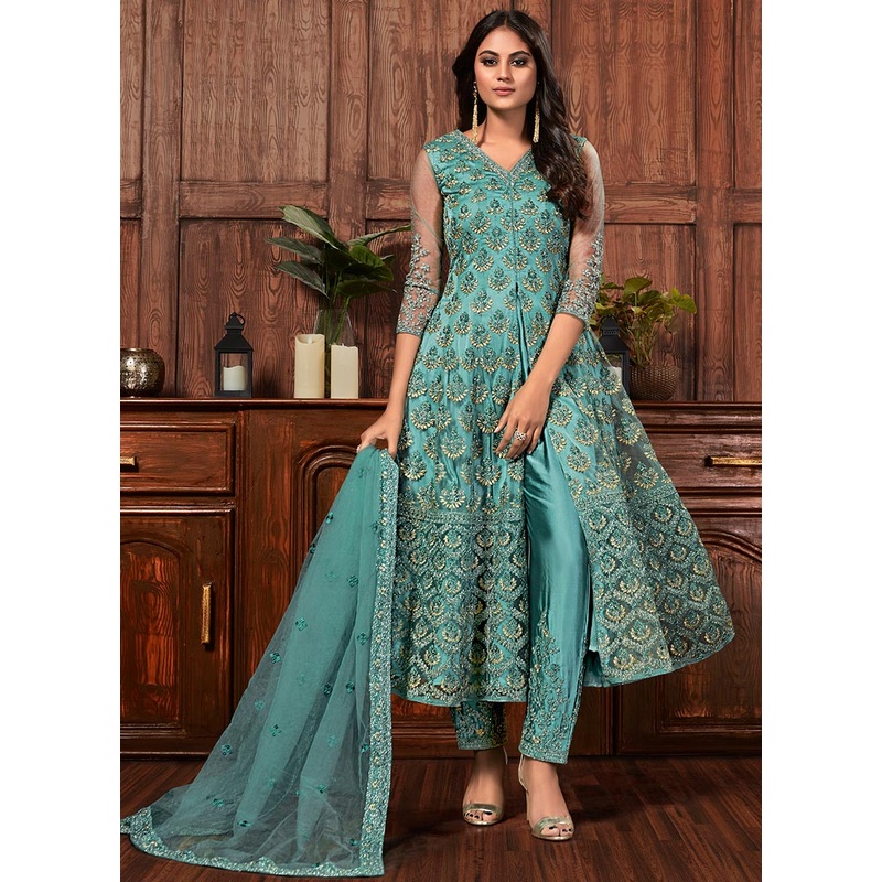 Turquoise Color Embroidered Front Slit & Straight Pant Suit