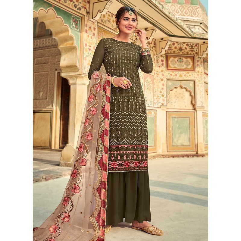 Unique Green Embroidered Georgette Palazzo Suit