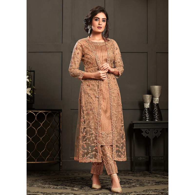 Urbane Peach Embroidered Net Jacket Style Suit