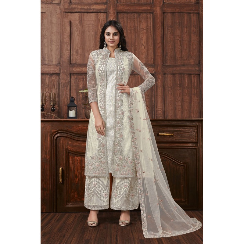 White Color Embroidered Jacket Style Palazzo Suit