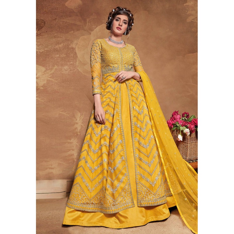 Adorable Yellow Net Embroidered Floor Length Anarkali Suit