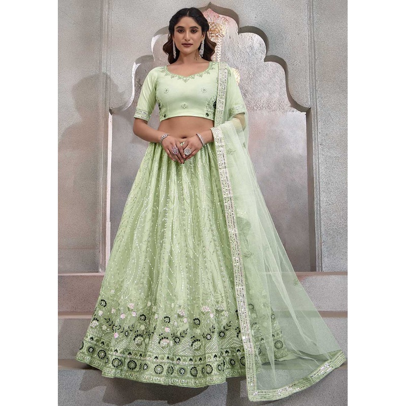 Appealing Mint Green Embroidered Festive Lehenga Choli
