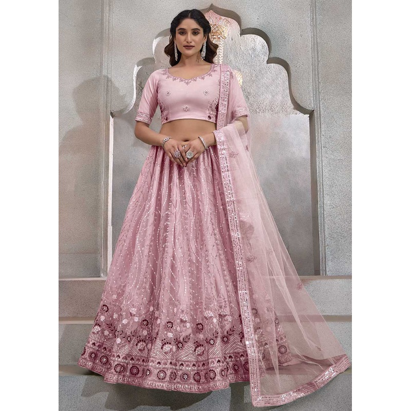Appealing Peach Embroidered Festive Lehenga Choli