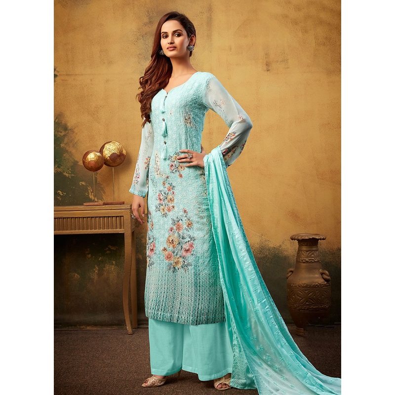 Aqua Blue Embroidered Bamber Georgette Palazzo Suit