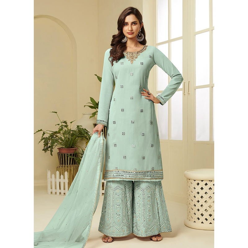 Aqua Blue Embroidered Faux Georgette Gota Work Sharara Suit