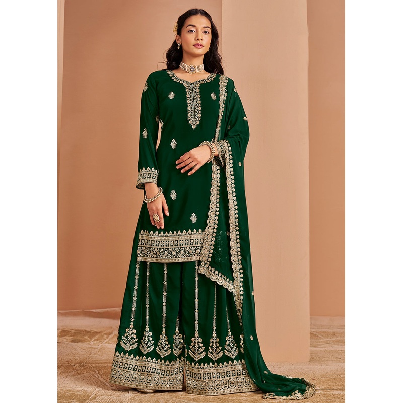 Attractive Green Festive Style Embroidered Palazzo Suit