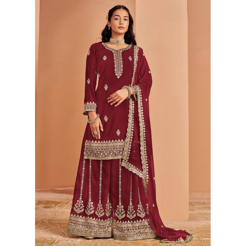 Attractive Maroon Festive Style Embroidered Palazzo Suit