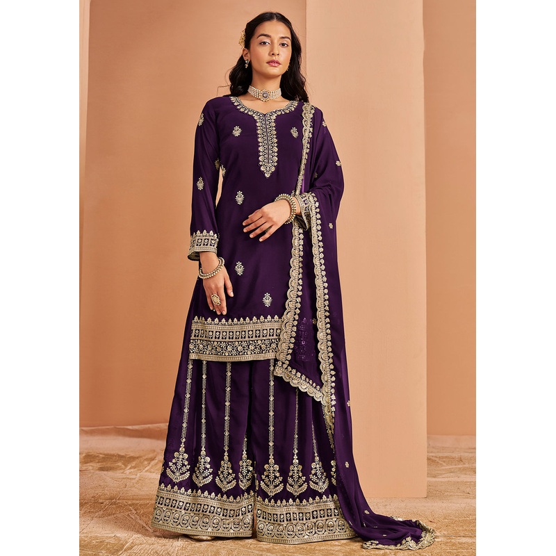 Attractive Purple Festive Style Embroidered Palazzo Suit