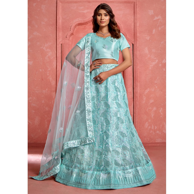 Baby Blue Floral Embroidered Wedding Festive Lehenga Choli