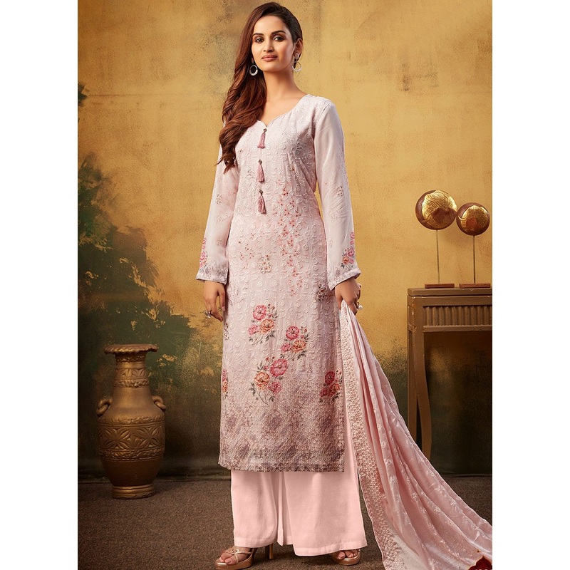 Barbie Pink Embroidered Bamber Georgette Palazzo Suit