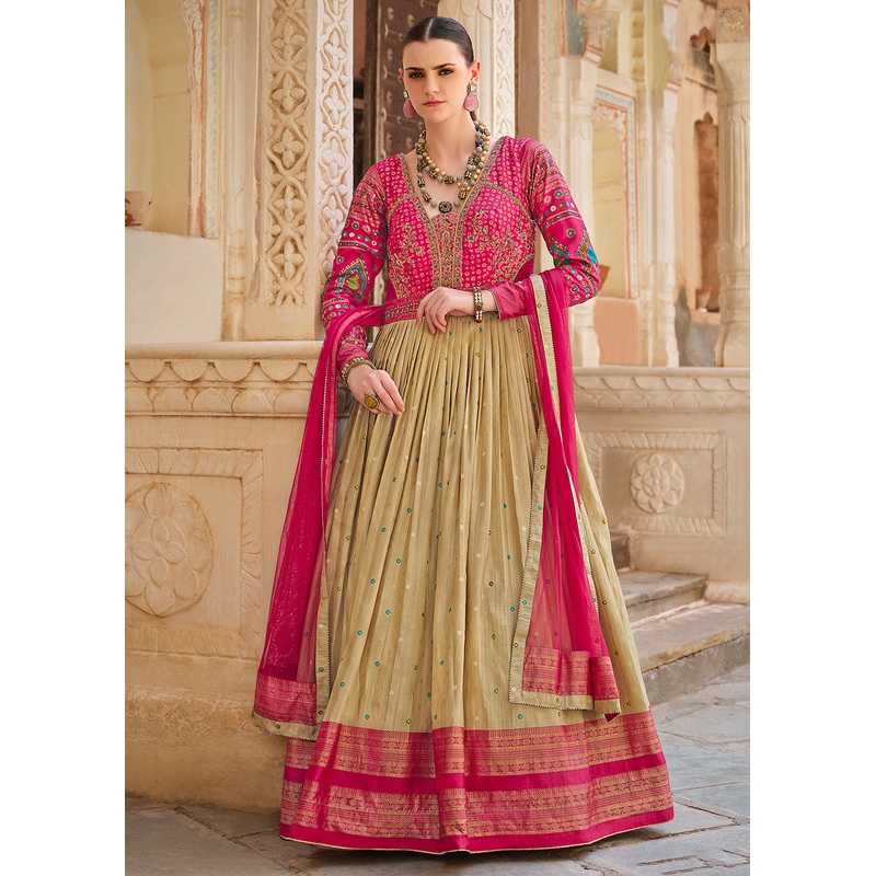 Beige & Pink Silk Foil Printed & Embroidered Traditional Gown